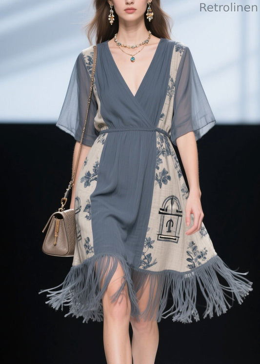 V Neck Print Tassel Patchwork Cotton Dress Summer