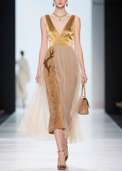 Natural V Neck Tulle Patchwork Silk Velvet Dress Sleeveless