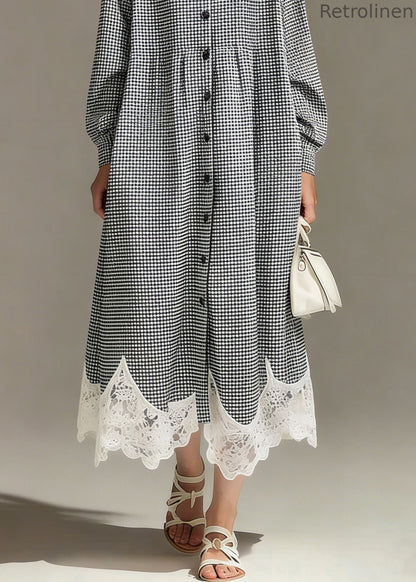 Loose Plaid Button Lace Patchwork Cotton Shirts Dress Spring
