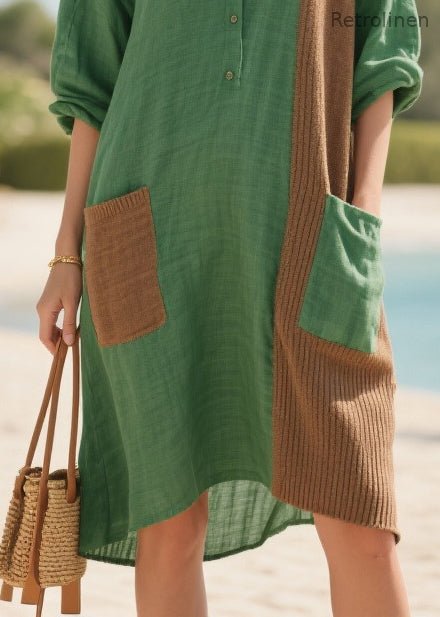 Tea Green Oversized Patchwork Pockets Cotton Mid Dresses Summer