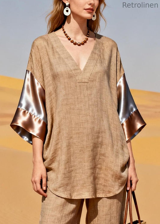 Fitted Khaki V Neck Patchwork Silk Linen 2 Piece Outfit Bracelet Sleeve