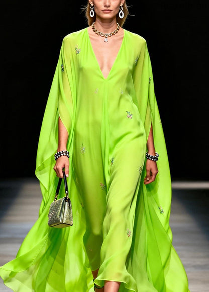 Boutique Fluorescen Green V Neck Zircon Chiffon Dress Summer