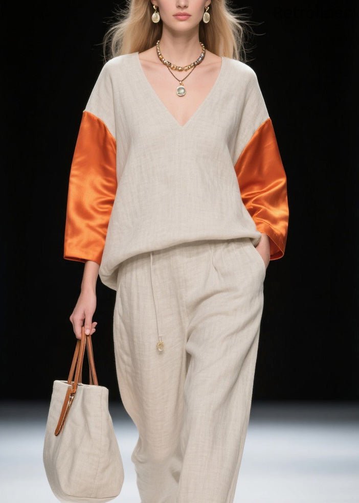 New Colorblock V Neck Patchwork Linen Silk Two-piece Set Spring