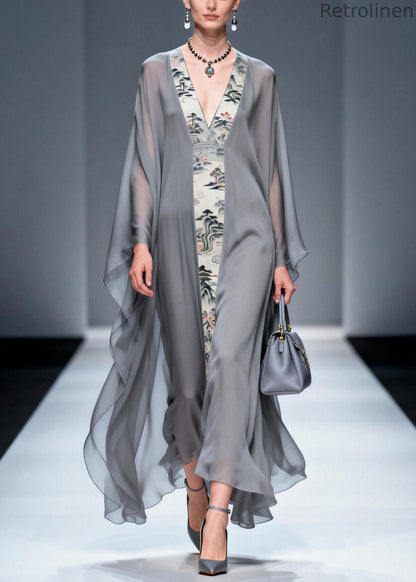 Retro Grey V Neck Patchwork Print Chiffon Maxi Dress Summer