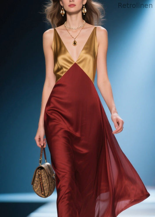 Colorblock V Neck Silk Long Dress Summer