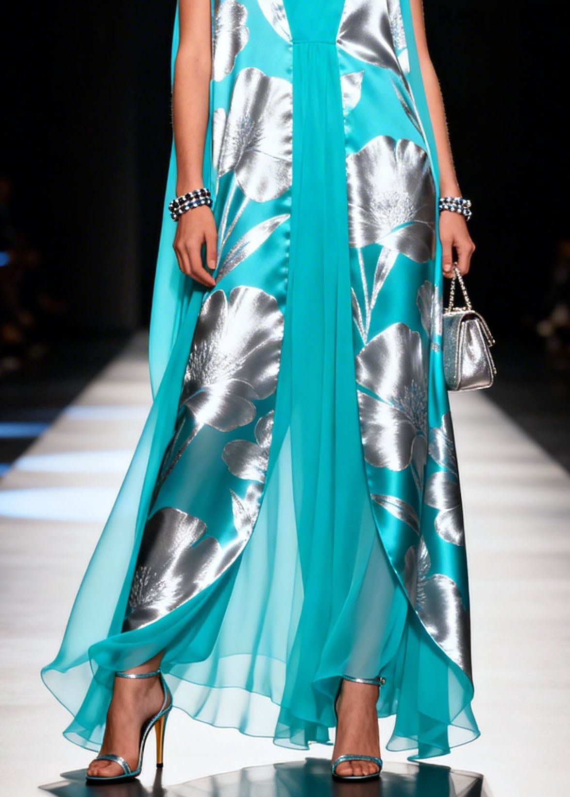 Colorblock V Neck Print Chiffon Dresses Sleeveless