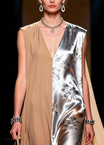 Khaki Asymmetrical Patchwork Chiffon Vacation Dress Sleeveless
