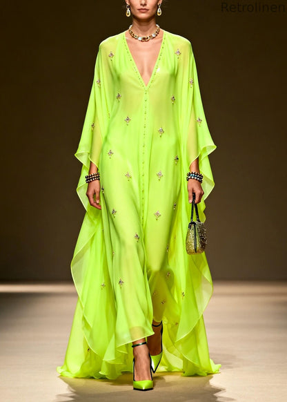 Green V Neck Zircon Chiffon Maxi Dress Spring