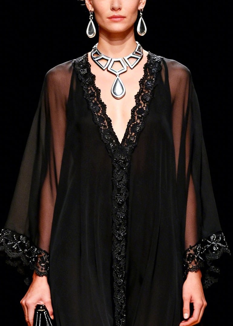 Handmade Black Oversized Lace Patchwork Chiffon Dresses Summer