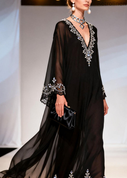 Black V Neck Zircon Patchwork Chiffon Dress Spring