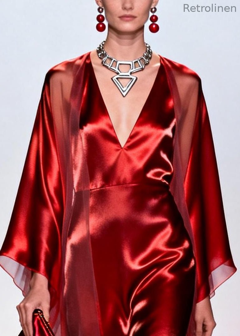 Unique Red V Neck Patchwork Tulle Maxi Dresses Summer