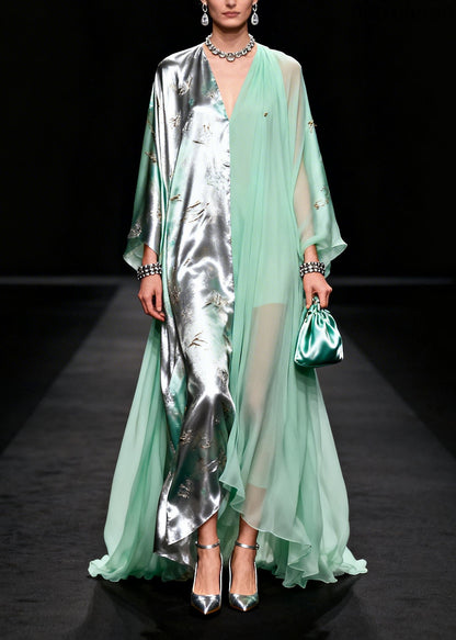 Organic Green Asymmetrical Patchwork Exra Large Hem Chiffon Party Dress Summer