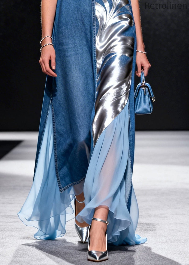 French Blue Asymmetrical Tulle Patchwork Denim Long Dress Summer