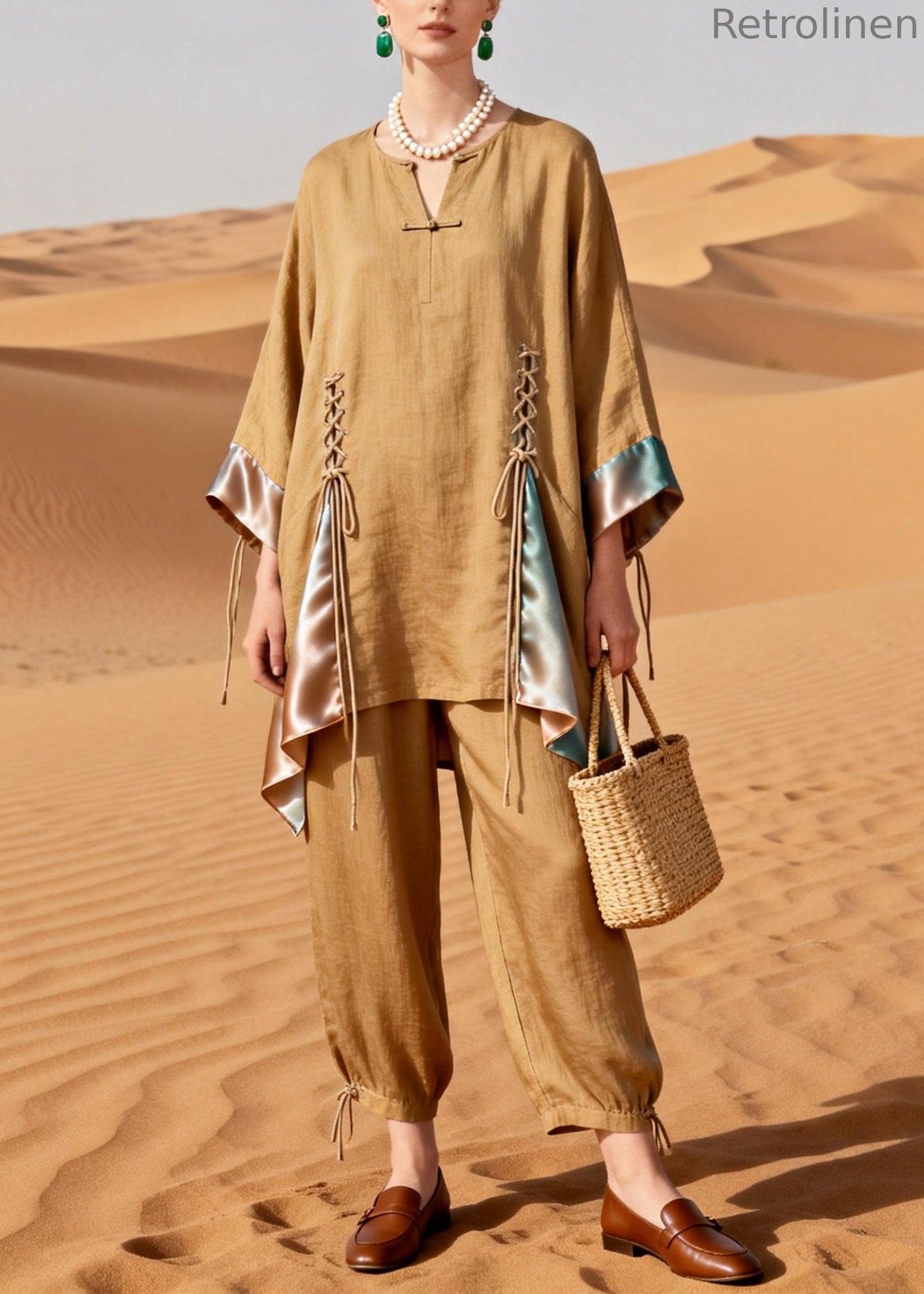Original Designkhaki Lace Up Patchwork Silk Linen Two Pieces Set