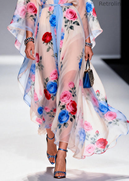 Multicolored Print Chiffon Maxi Dress Tie Waist Summer