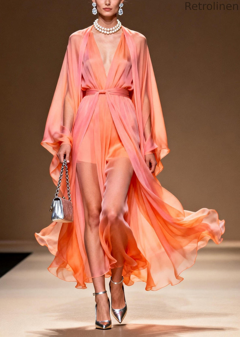 Orange V Neck Draping Chiffon Dress Two Piece Set Summer