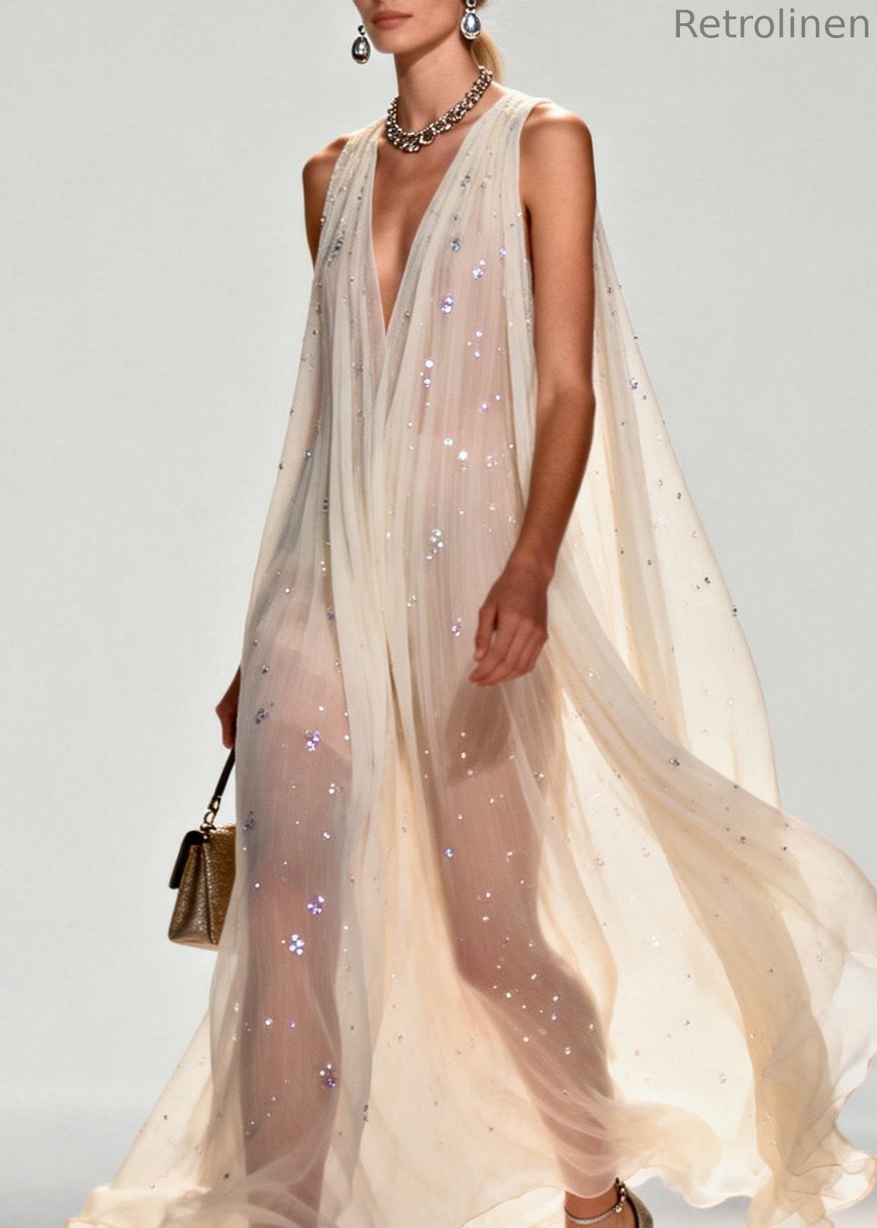 New Style V Neck Zircon Chiffon Maxi Dress Sleeveless