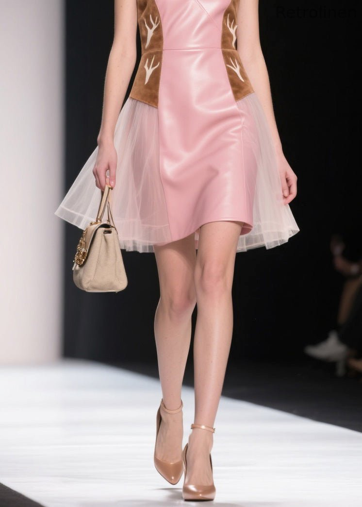 Pink V Neck Tulle Patchwork Faux Leather Dresses Summer