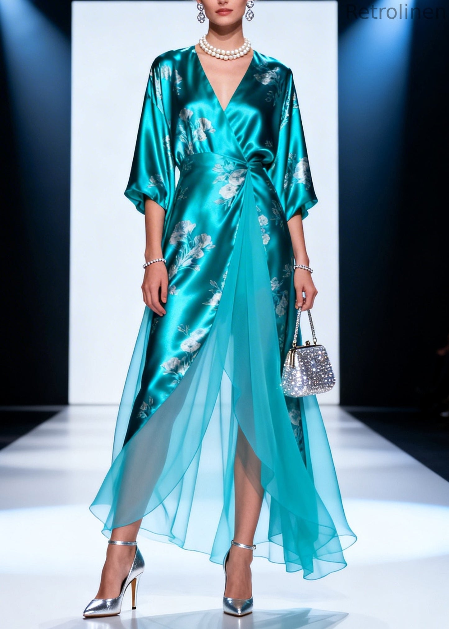 Lake Blue Print Tulle Patchwork Silk Long Dresses Summer