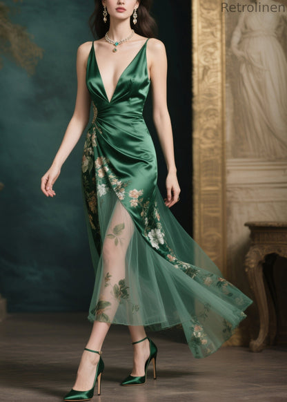 Silm Fit Tea Green Print Patchwork Tulle Party Dresses Summer