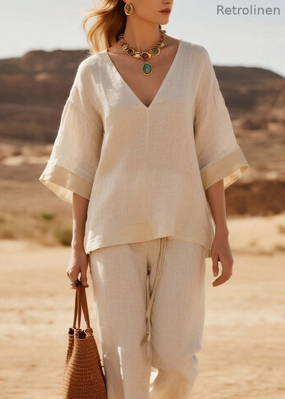 Loose V Neck Patchwork Linen Two Piece Suit Set Summer