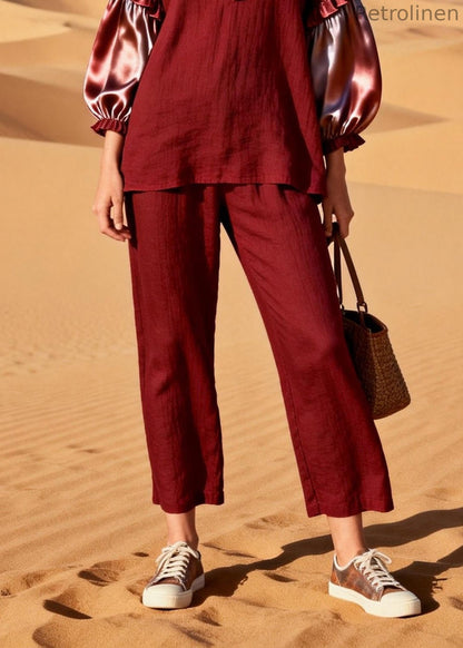 Red Ruffled Silk Patchwork Linen Two Pieces Set Spring