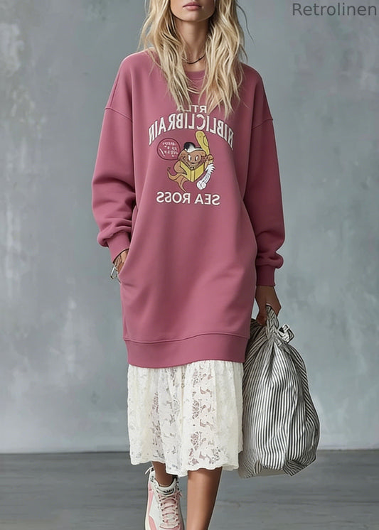 Loose Pink O Neck Print Lace Patchwork Warm Fleece Sweatshirts Dress Spring