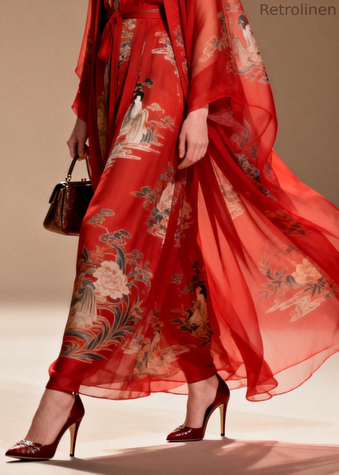 Red Print Draping Chiffon Oriental Dress Two Piece Suit Set Summer