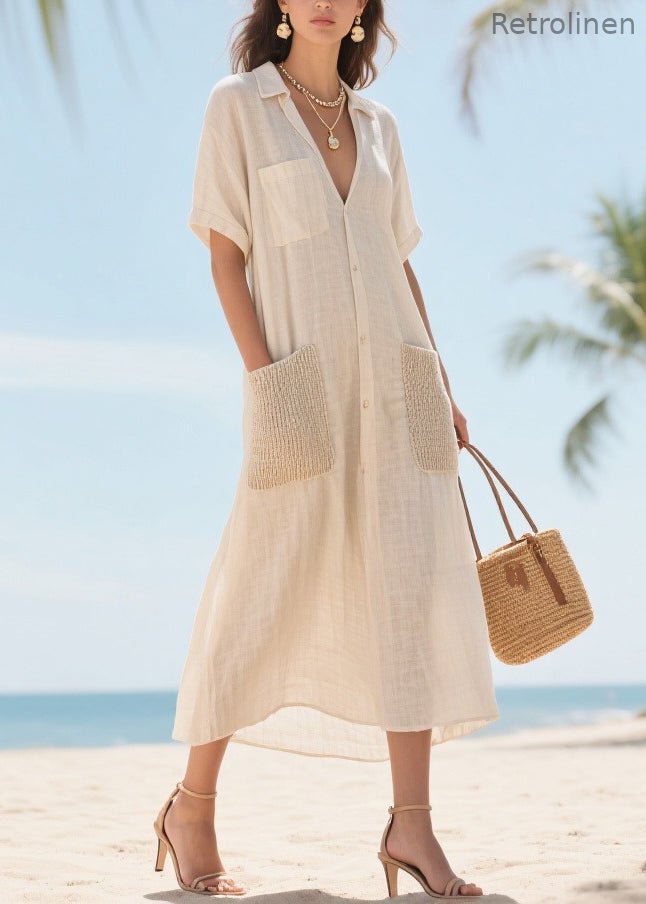 Beige V Neck Patchwork Pockets Cotton Vacation Dresses Summer