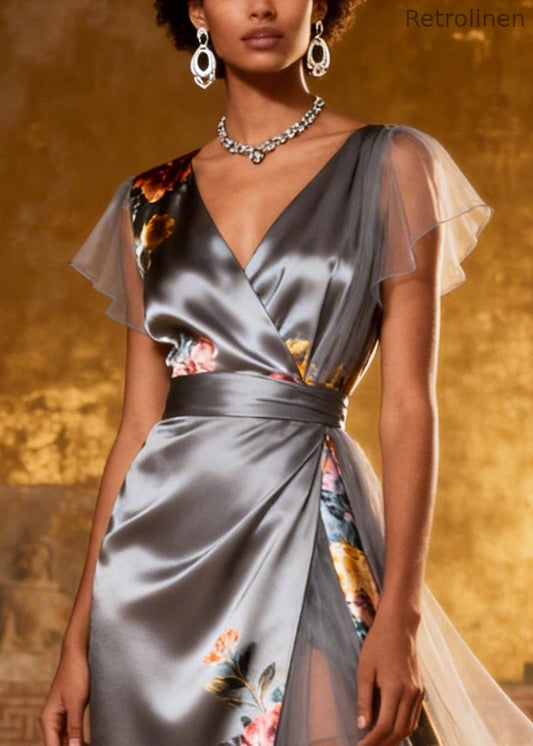 Fine Grey Print Patchwork Side Open Silk Holiday Dress Summer