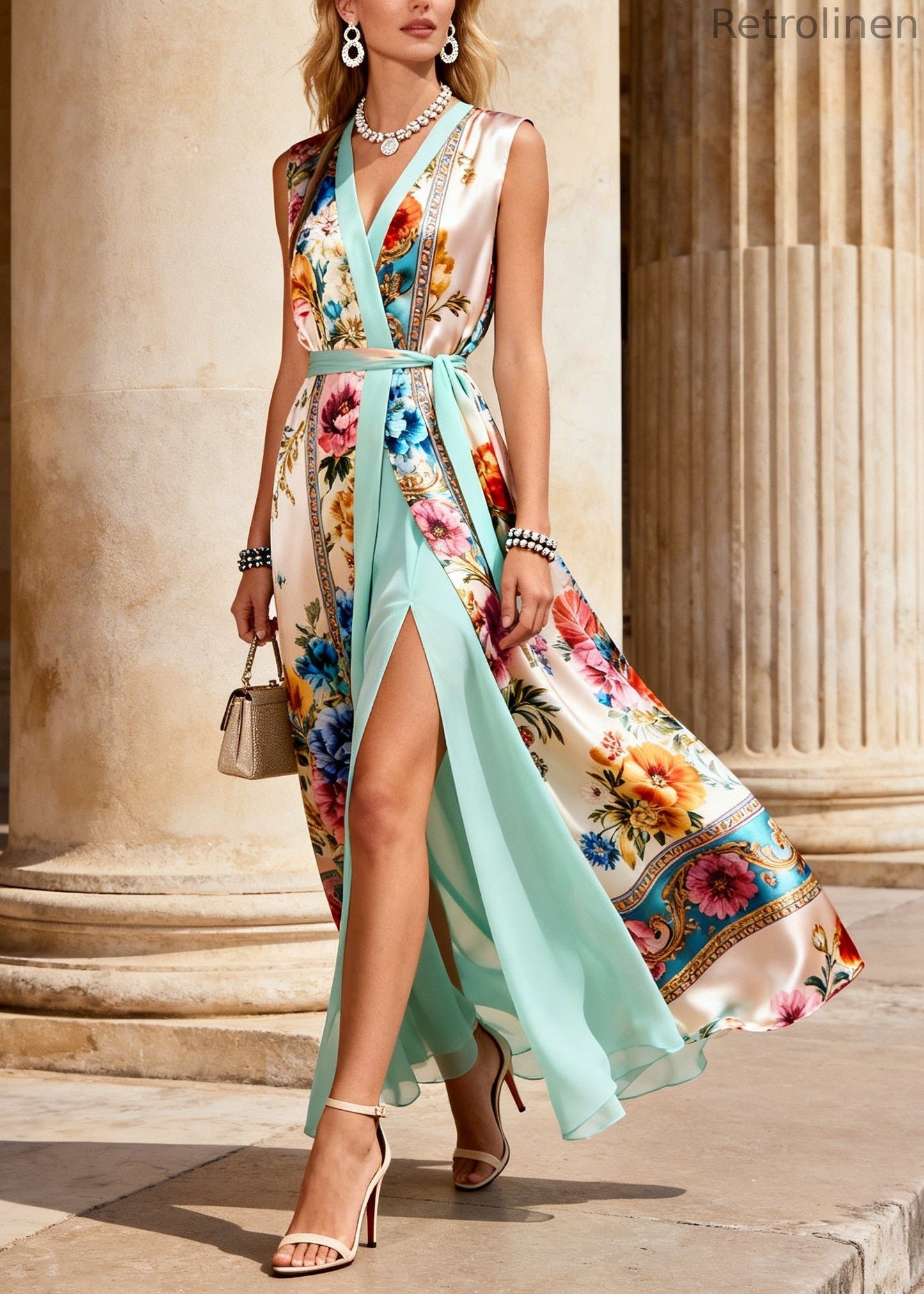 Diy Beige Tie Waist Print Chiffon Fake Two Piece Dresses Sleeveless