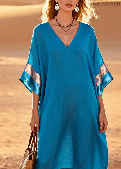 Blue V Neck Patchwork Linen Silk Two Pieces Set Summer