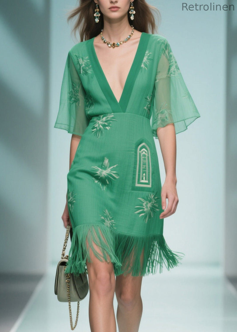 Art Green V Neck Tasseled Patchwork Cotton Dress Summer