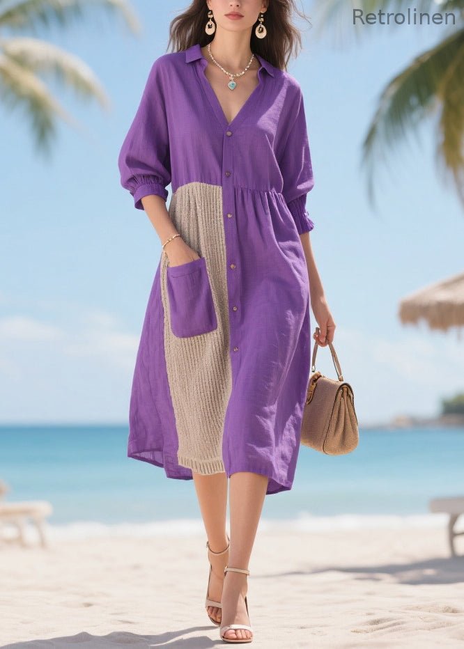 Purple Asymmetrical Patchwork Cotton Dresses Summer
