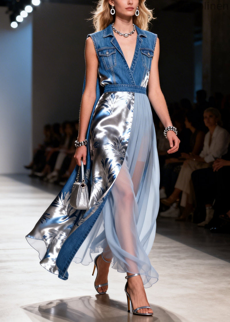 Unique Blue Asymmetrical Patchwork Denim Tunic Dress Summer