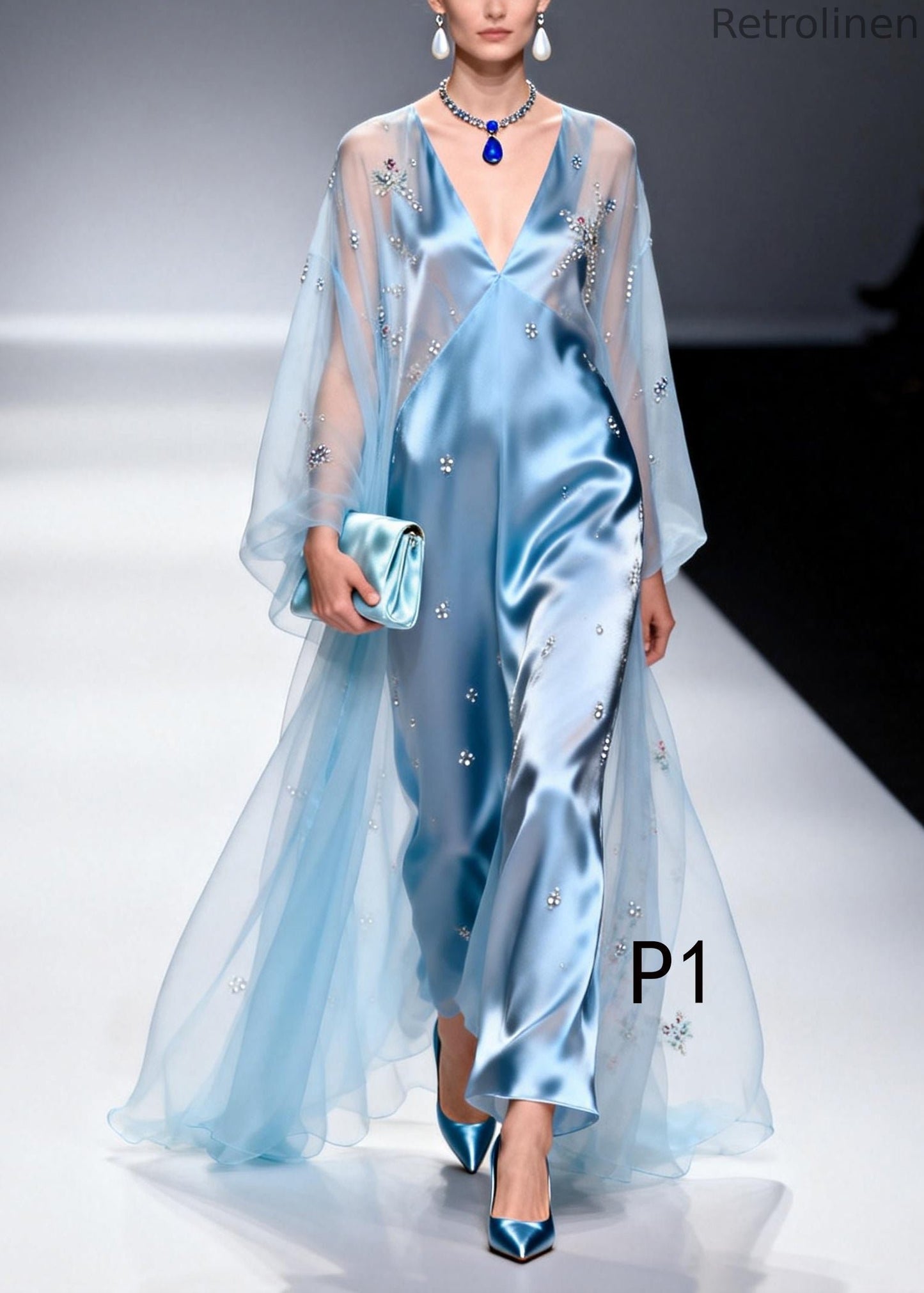 Sky Blue Patchwork Tulle Chiffon Evening Dresses Rhinestone Summer