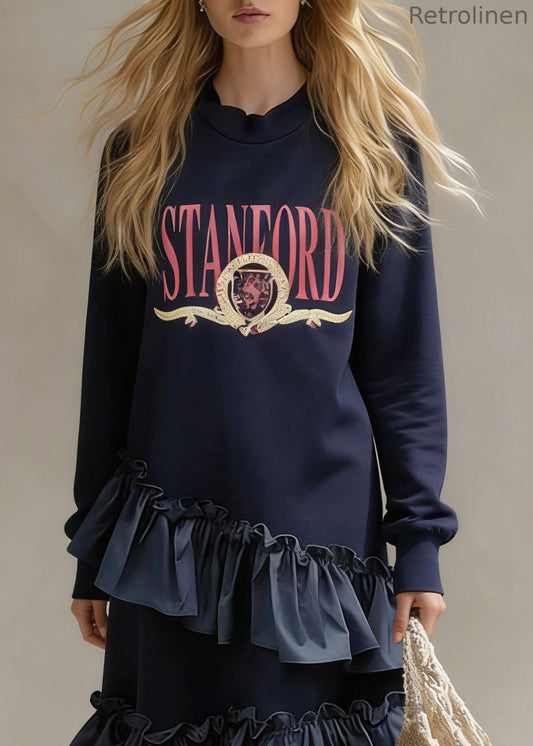 New Navy Print Ruffled Patchwork Cotton Sweatshirt Dress Spring