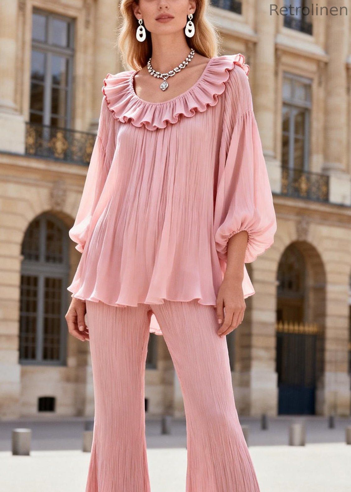 French Pink Ruffled Patchwork Chiffon Shirts and Flared Trousers Two Pieces Set Lantern Sleeve
