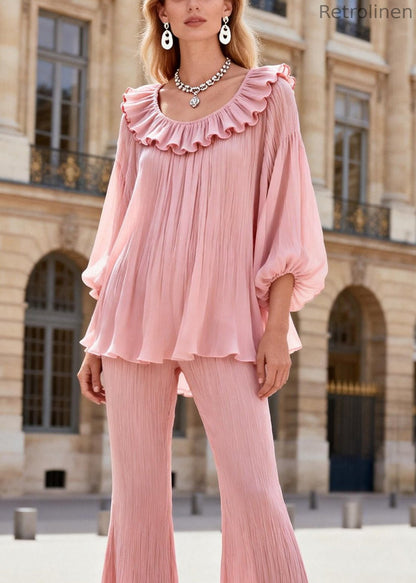 French Pink Ruffled Patchwork Chiffon Shirts and Flared Trousers Two Pieces Set Lantern Sleeve