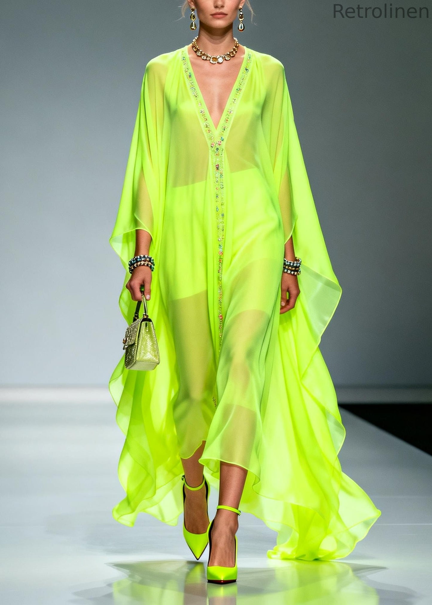 Fluorescent Green Oversized Zircon Chiffon Long Dress Summer