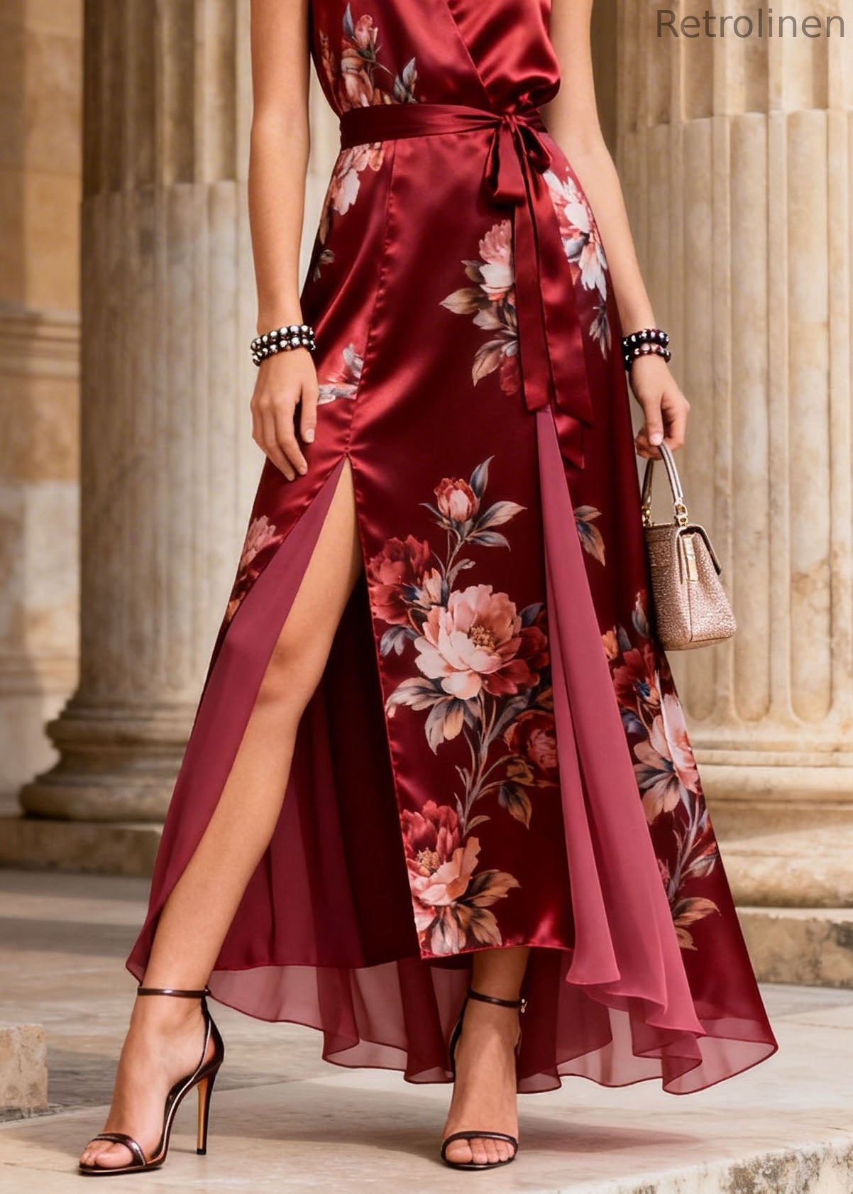 Handmade Red Print Side Open Lace Up Silk Dress Summer