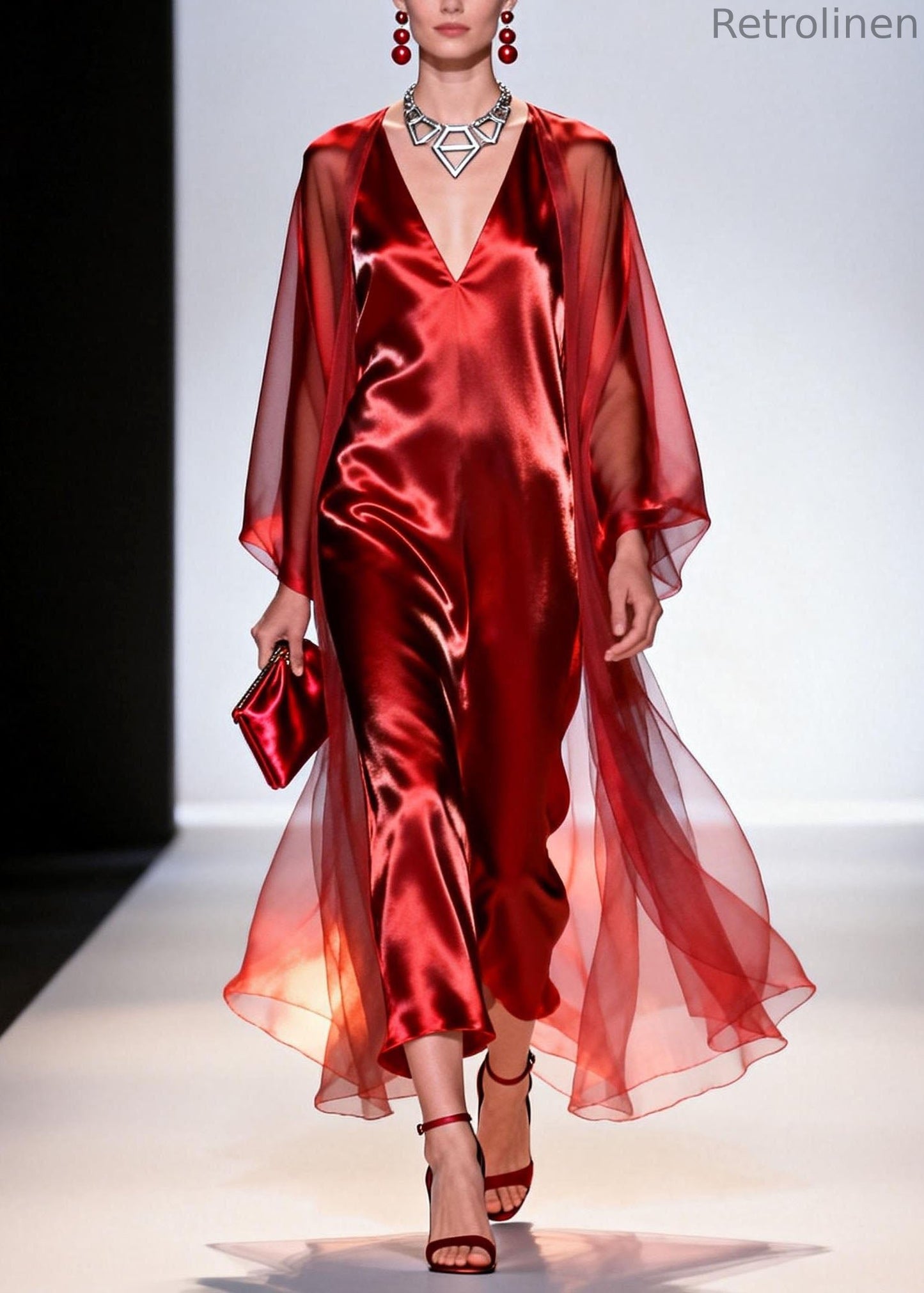 Classy Red V Neck Loose Silk 2 Piece Outfit Summer