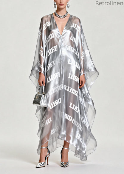 Diy Silvery Oversized Letter Print Chiffon Maxi Dress Summer