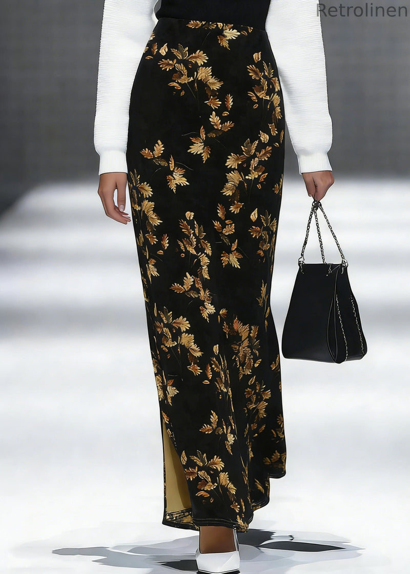 Loose Black Print Side Open Silk Velvet Skirt Spring