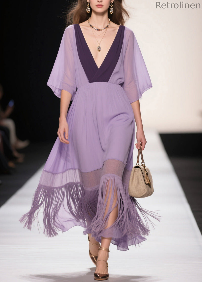 Purple V Neck Tassel Patchwork Cotton Dress Summer