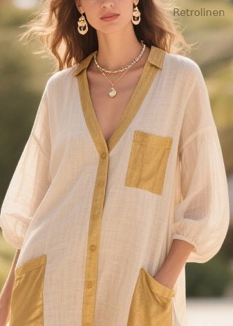 Beige Oversized Patchwork Cotton Dress Bracelet Sleeve