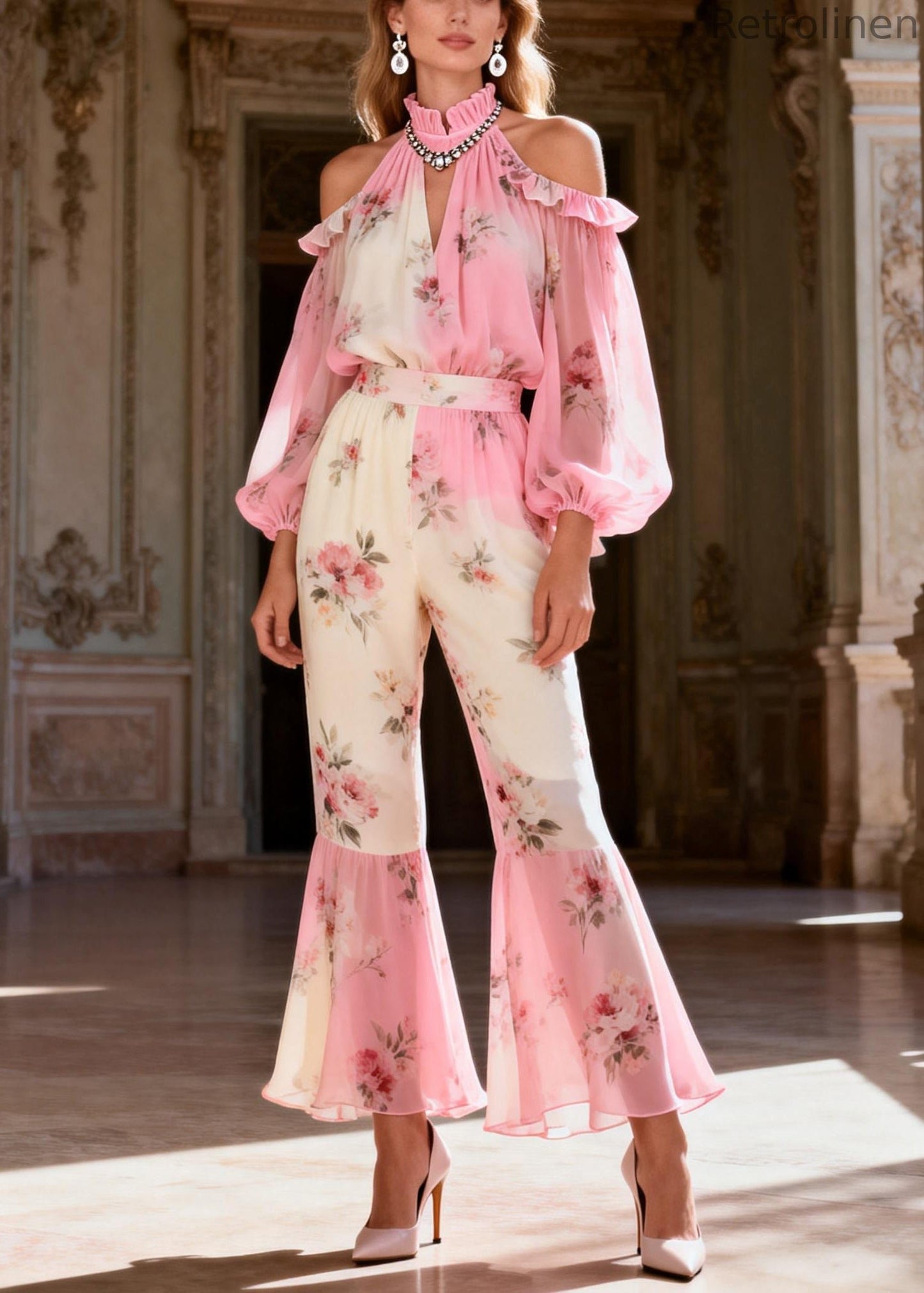 Pink Print Cold Shoulder Chiffon Shirts and Flared Trousers Two-piece Set Spring