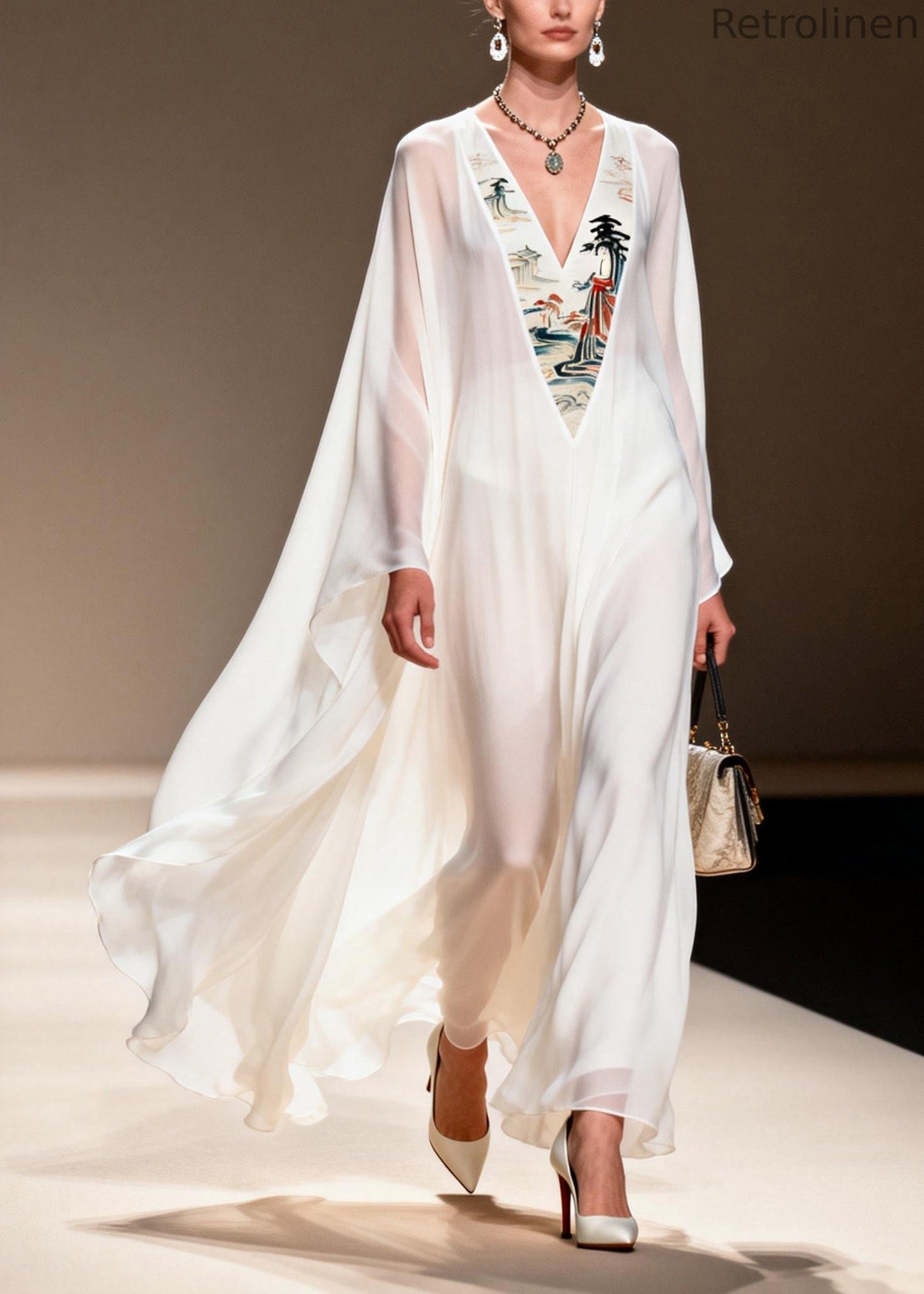White V Neck Patchwork Chiffon Long Dresses Spring