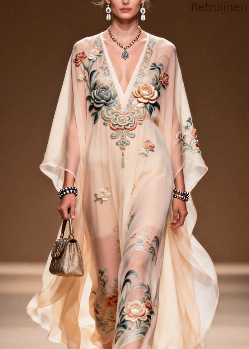 V Neck Print Chiffon Long Dress Spring