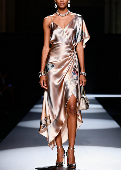 Apricot Asymmetrical Patchwork Silk Sundress Summer